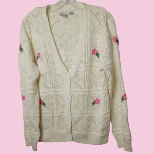 Zero Degrees Celsius Vtg Cardigan Sweater With Pink Floral Embroidery Button-Up